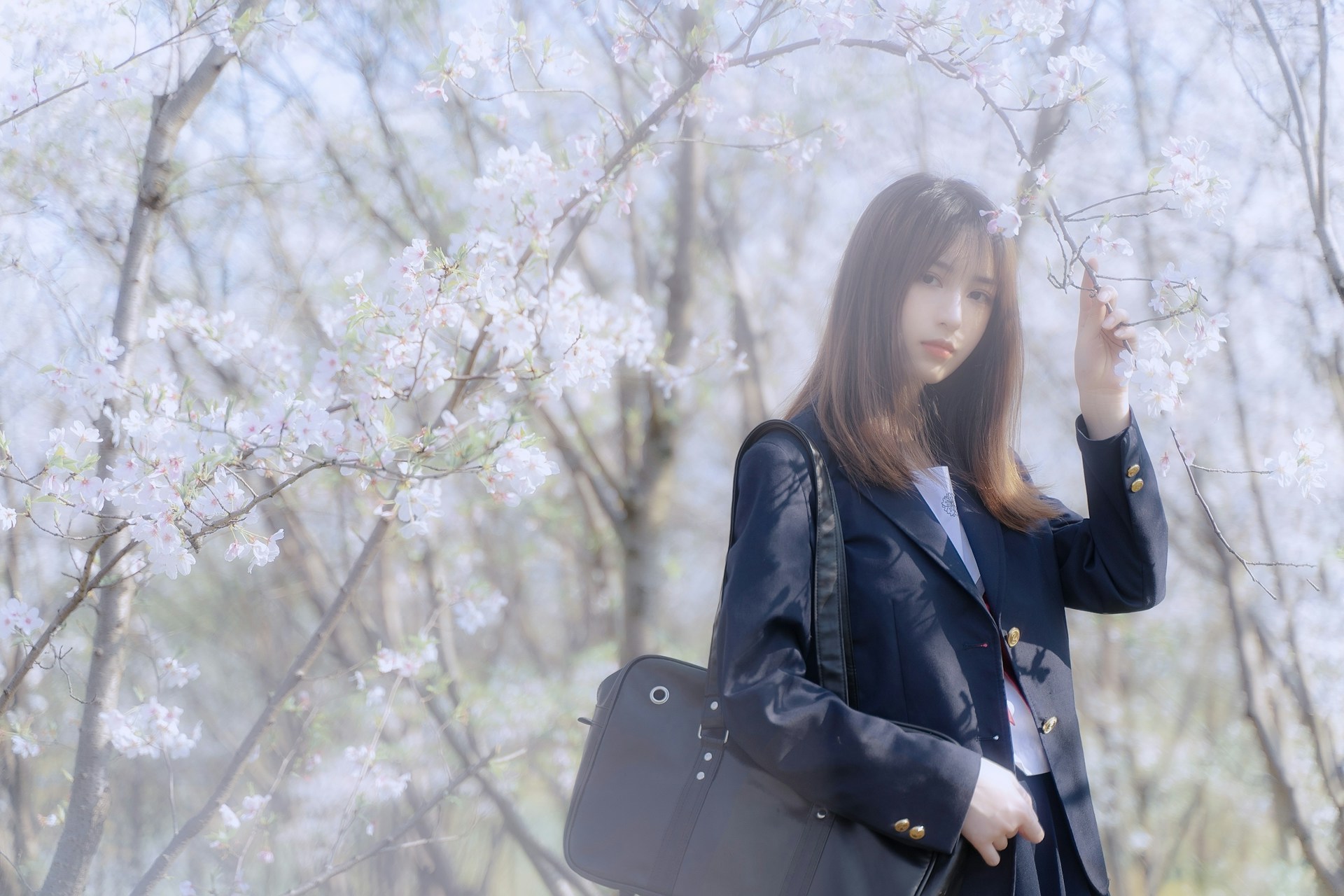 蓝裙制服｜繁花衬清隽眉眼｜定格温柔少女氛围感